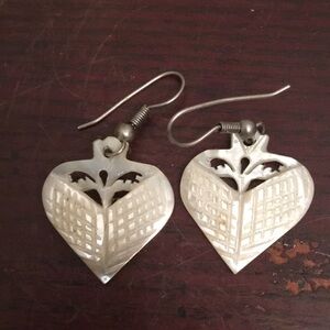Mother of Pearl Heart Earrings with Floral Motif Hand Crafted